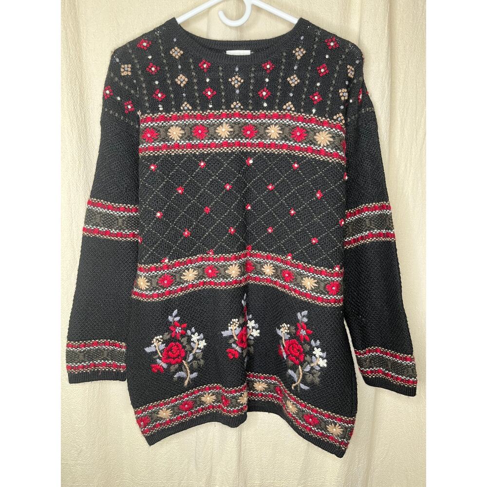 1980s Laura Ashley Floral Cottage Cabincore Whimsigoth Fair Isle Wool Sweater S